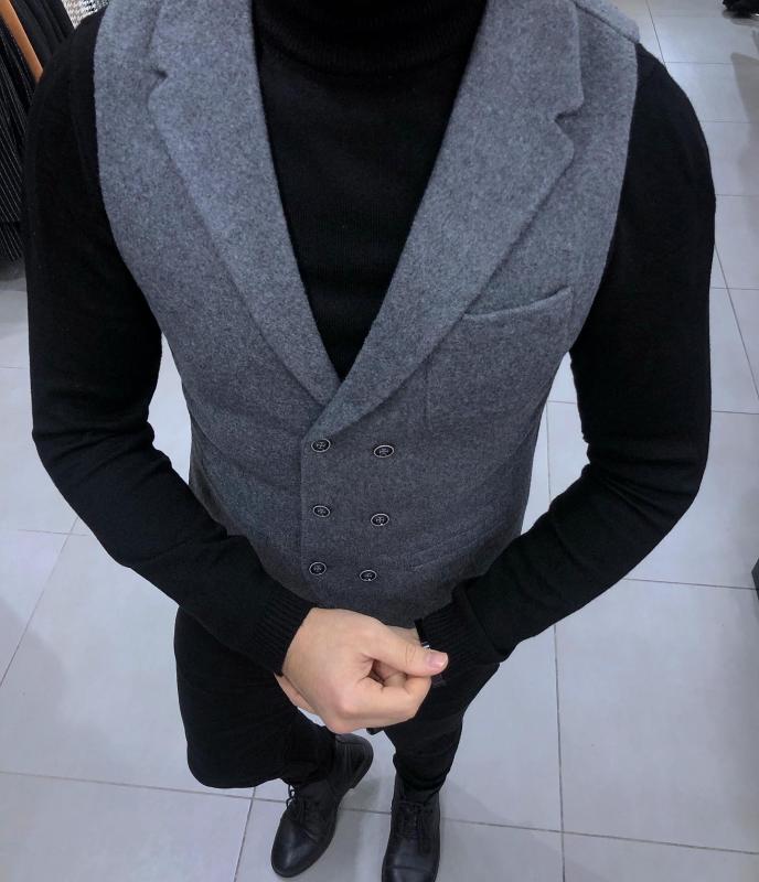 Slim Fit Kaşe Yelek Koyu Gri