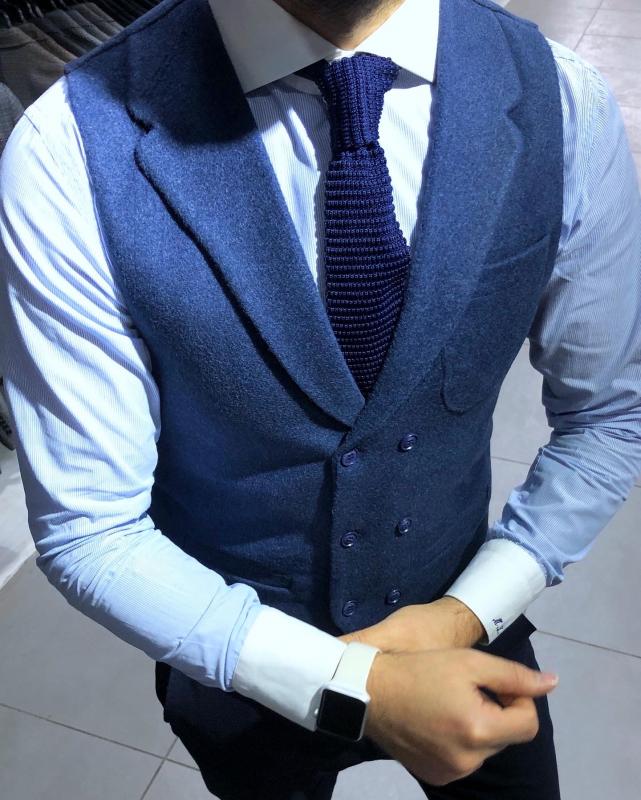 Slim Fit İndigo Kaşe Yelek 