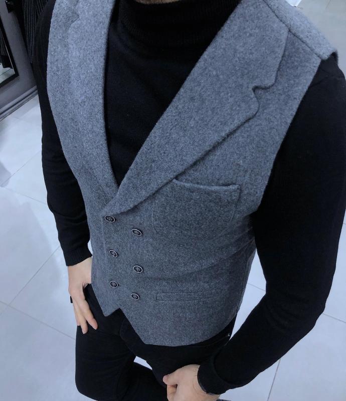 Slim Fit Kaşe Yelek Koyu Gri