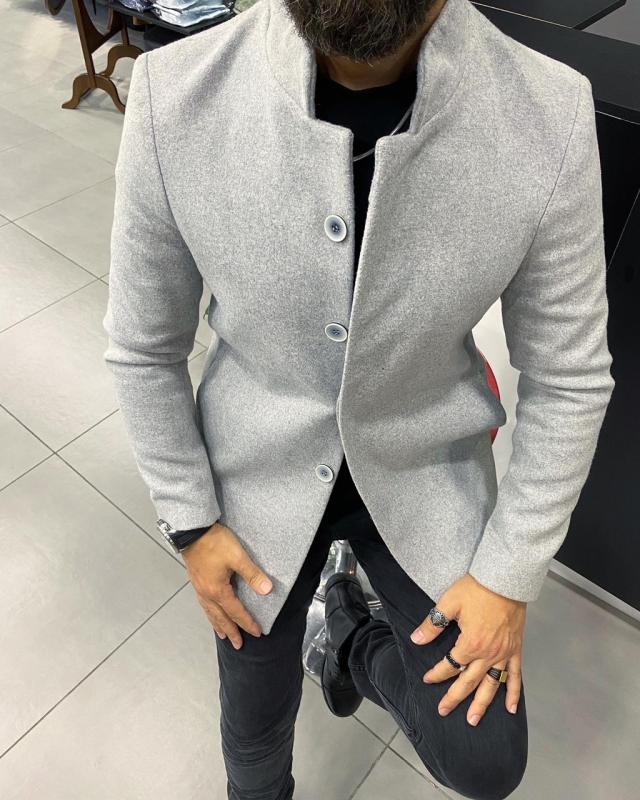 Hakim Yaka Slim Fit Gri Kaşe Kaban