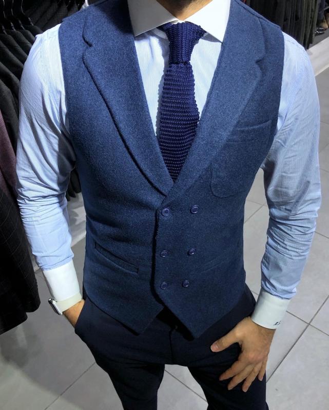 Slim Fit İndigo Kaşe Yelek 