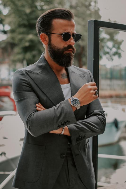 Slim Fit Geniş Yaka Pileli Antrasit  Takım Elbise