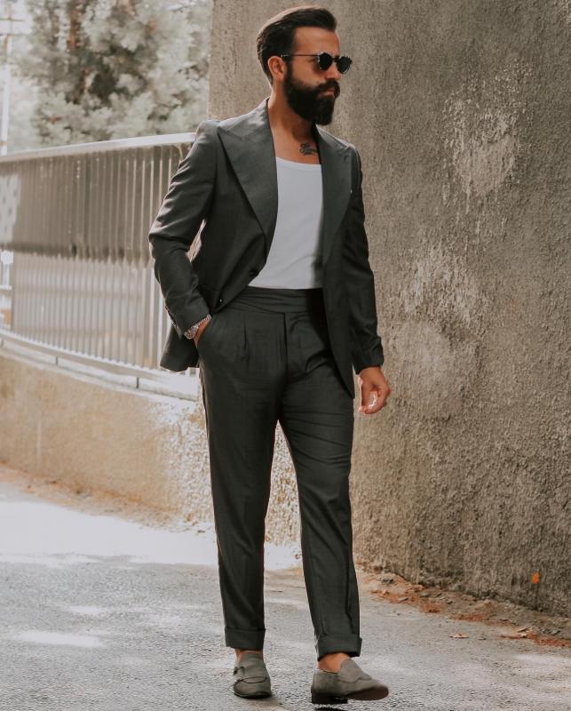 Slim Fit Geniş Yaka Pileli Antrasit  Takım Elbise