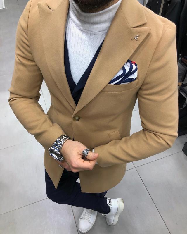 Slim Fit Klasik Krem Yünlü Kaşe Kaban