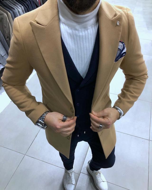 Slim Fit Klasik Krem Yünlü Kaşe Kaban