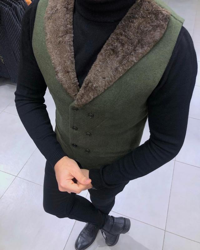 Slim Fit Kürklü Haki Yeşil Yelek