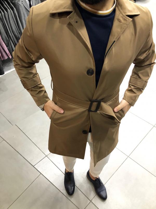 Slim Fit Trençkot Taba