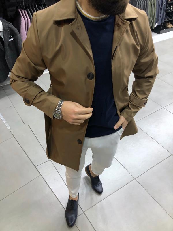 Slim Fit Trençkot Taba