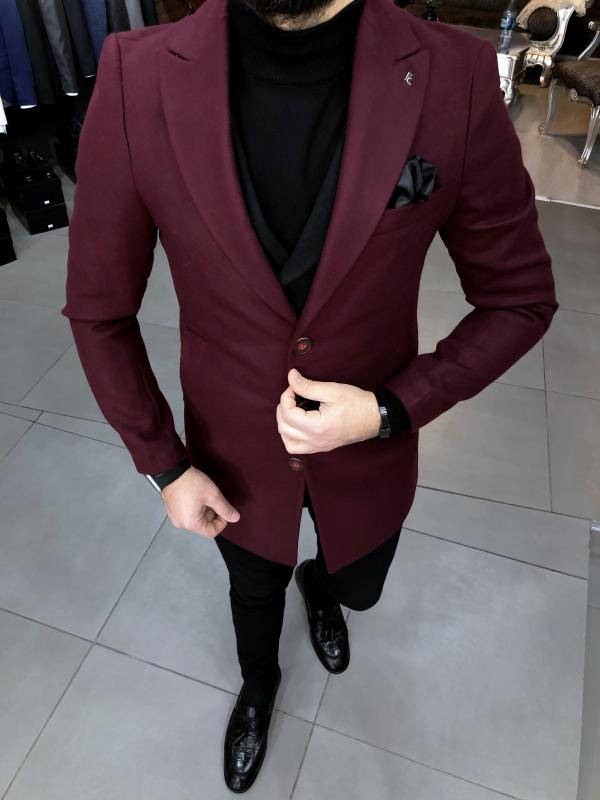 Slim Fit Klasik Bordo Yünlü Kaşe Kaban