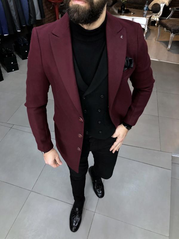 Slim Fit Klasik Bordo Yünlü Kaşe Kaban