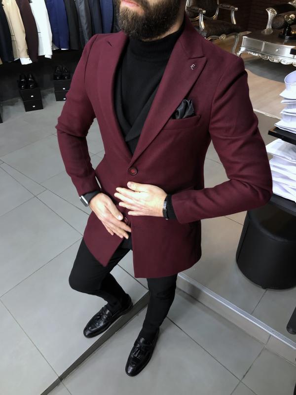 Slim Fit Klasik Bordo Yünlü Kaşe Kaban