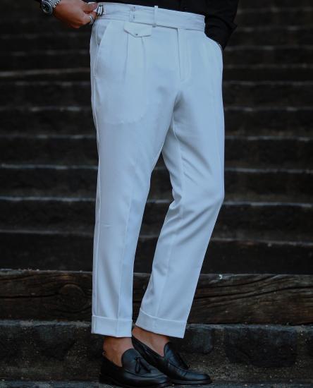 Beyaz Yüksek Bel Pileli Pantalon 