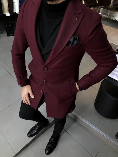 Slim Fit Klasik Bordo Yünlü Kaşe Kaban