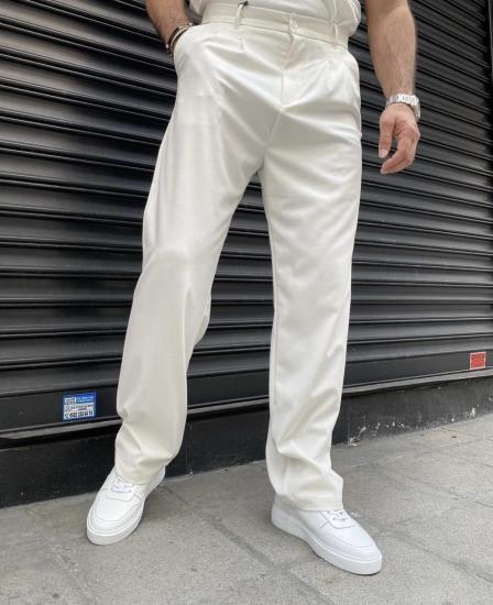 Baggy Yüksek Bel Pileli Pantalon Beyaz