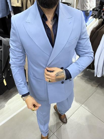 Slim Fit Geniş Yaka Pileli Mavi Kruvaze Takım Elbise
