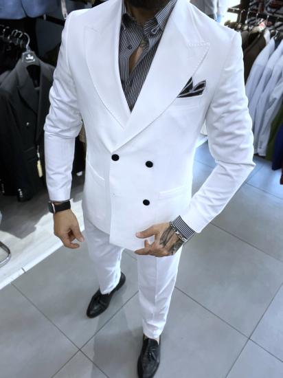 Slim Fit Geniş Yaka Pileli Beyaz Kruvaze Takım Elbise